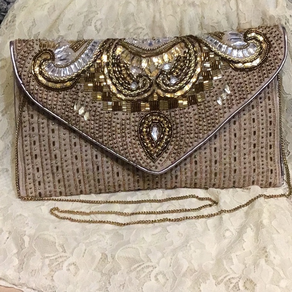 La Chic Multi Cultural Clutch/Crossbody Bronze, Gold, Clear Beads w/Gold Chain
